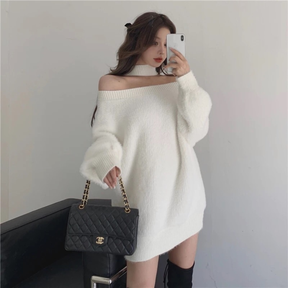 Sweater dress shirt halter reversible style white womens off shoulder - Picture 7 of 16